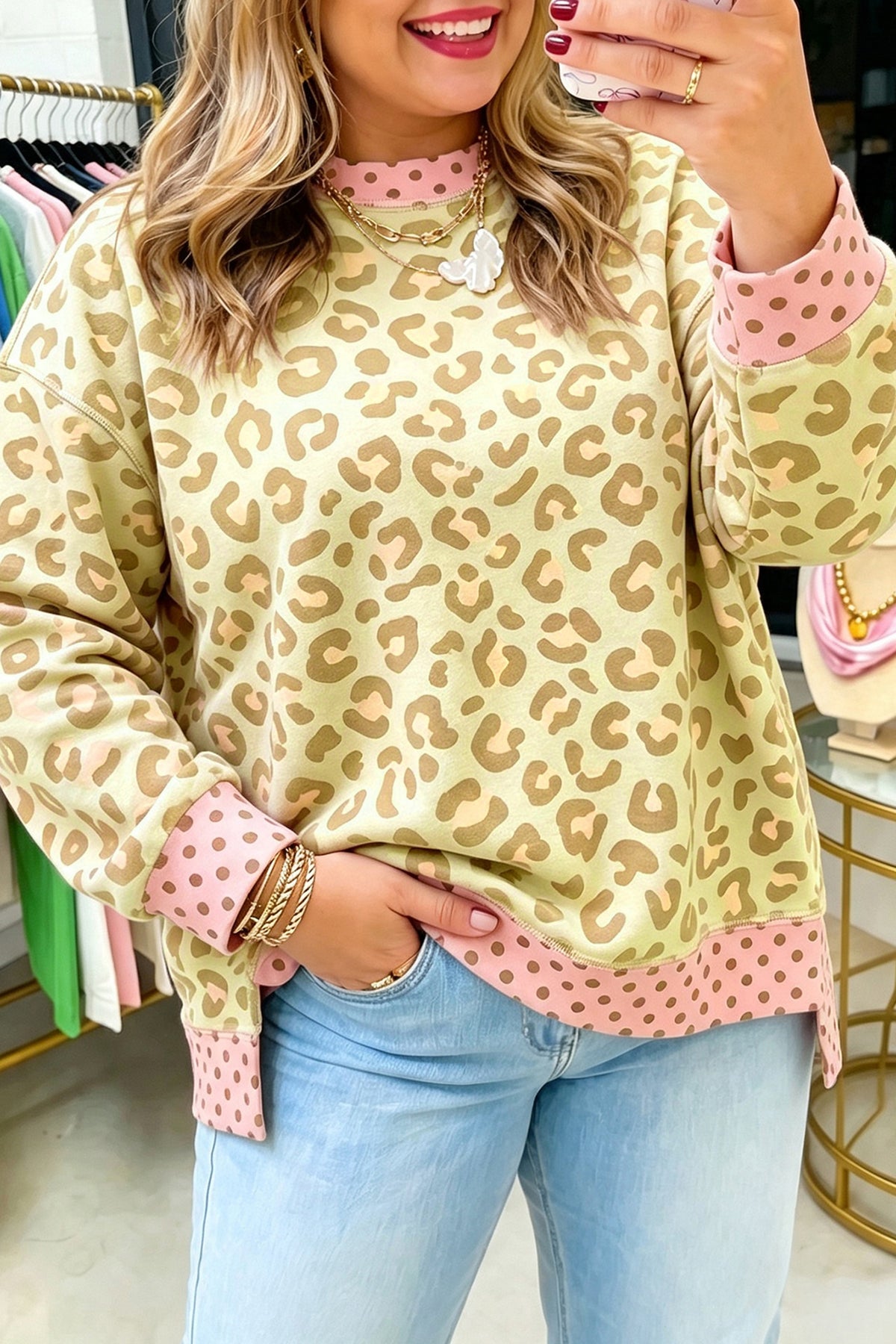 Brown Plus Size Leopard Print Contrast Polka Dot Trim Long Sleeve Top Khaki - Plus Size/Plus Size Tops/Plus Size Long Sleeve Tops