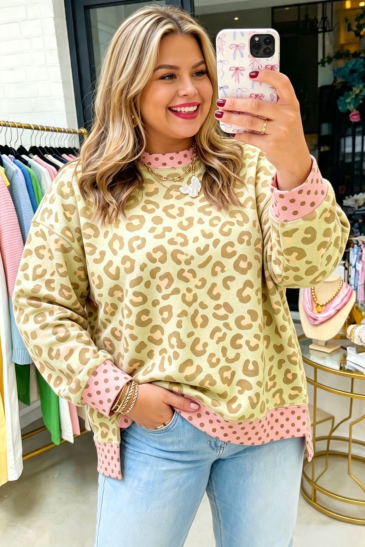 Brown Plus Size Leopard Print Contrast Polka Dot Trim Long Sleeve Top - Plus Size/Plus Size Tops/Plus Size Long Sleeve Tops
