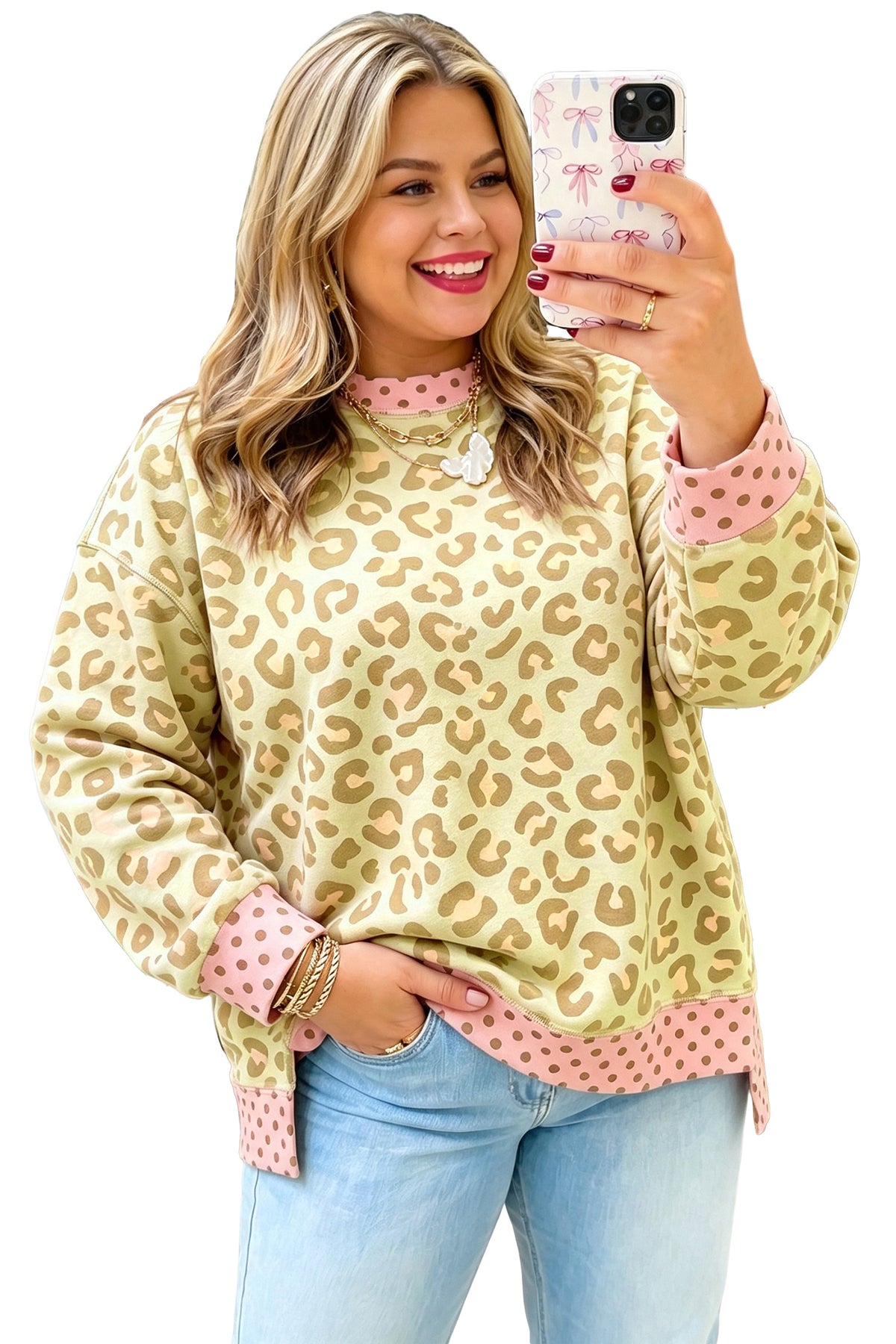 Brown Plus Size Leopard Print Contrast Polka Dot Trim Long Sleeve Top - Plus Size/Plus Size Tops/Plus Size Long Sleeve Tops