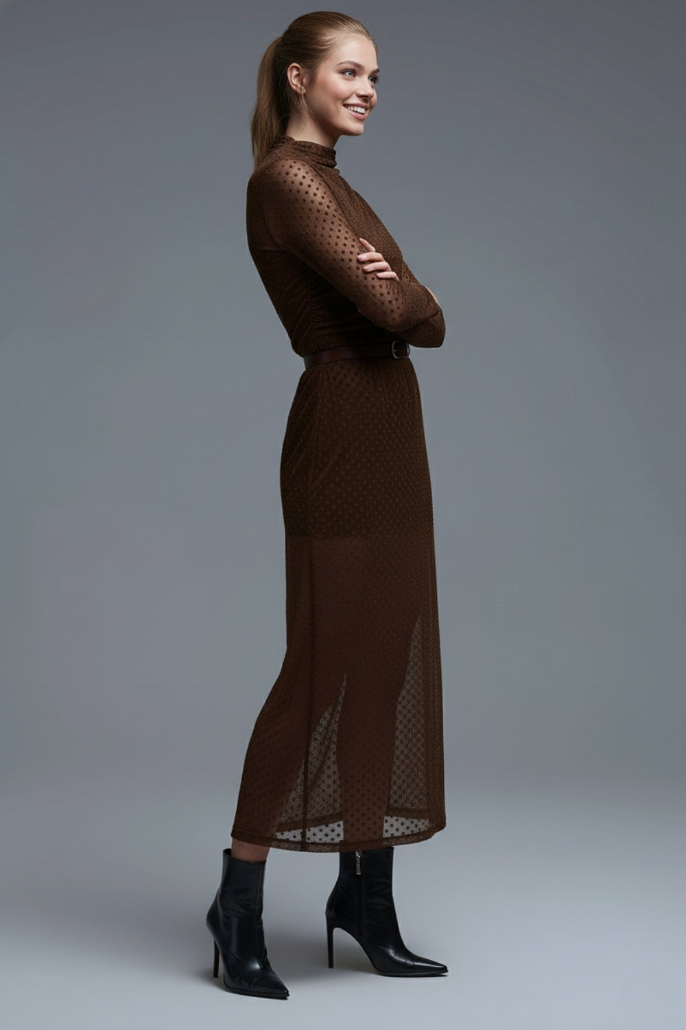 Brown Polka Dot Maxi Dress in sheer fabric - Dresses
