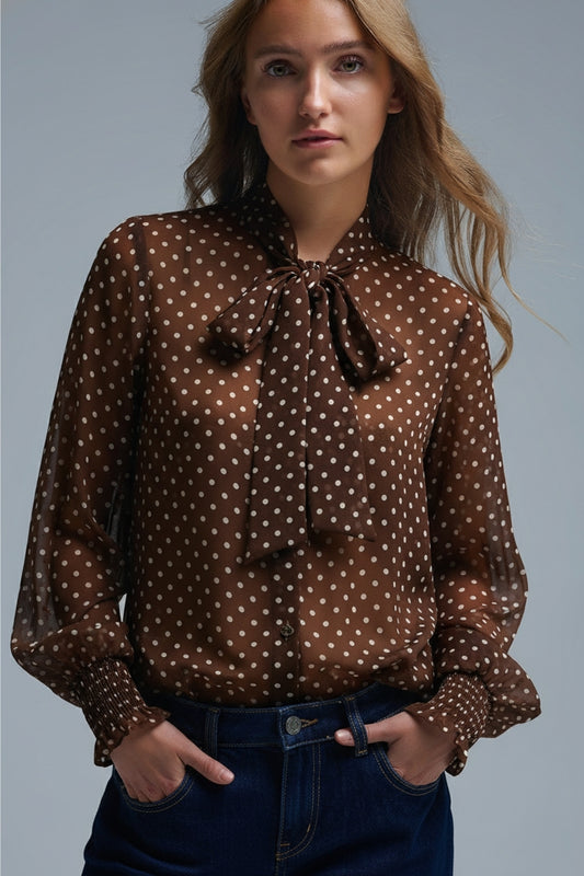 Brown Polka-Dot Shirt with Lace Detail in chiffon fabric - Tops
