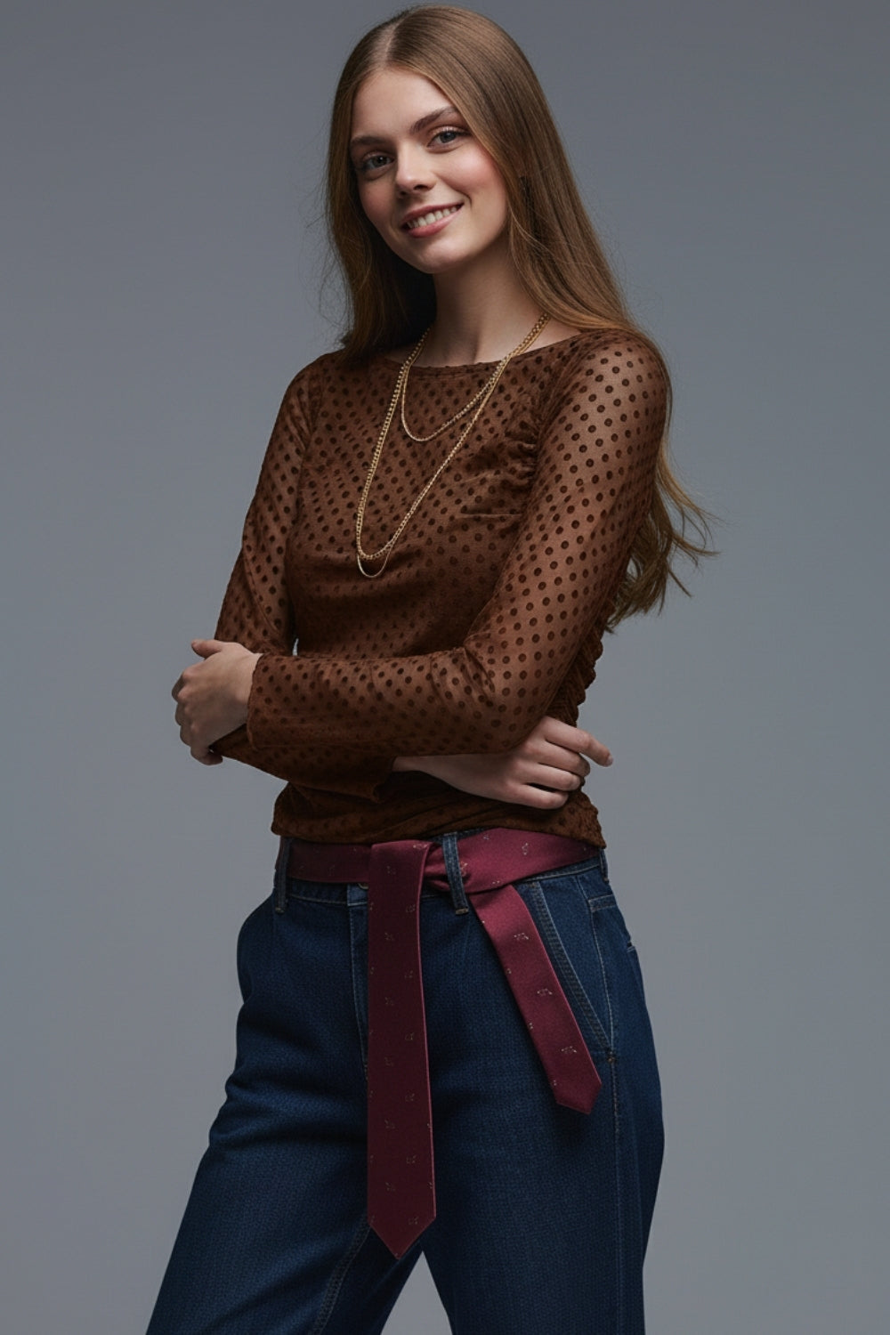 Brown Polka Dot Top in elastic sheer fabric - Tops