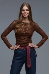 Brown Polka Dot Top in elastic sheer fabric