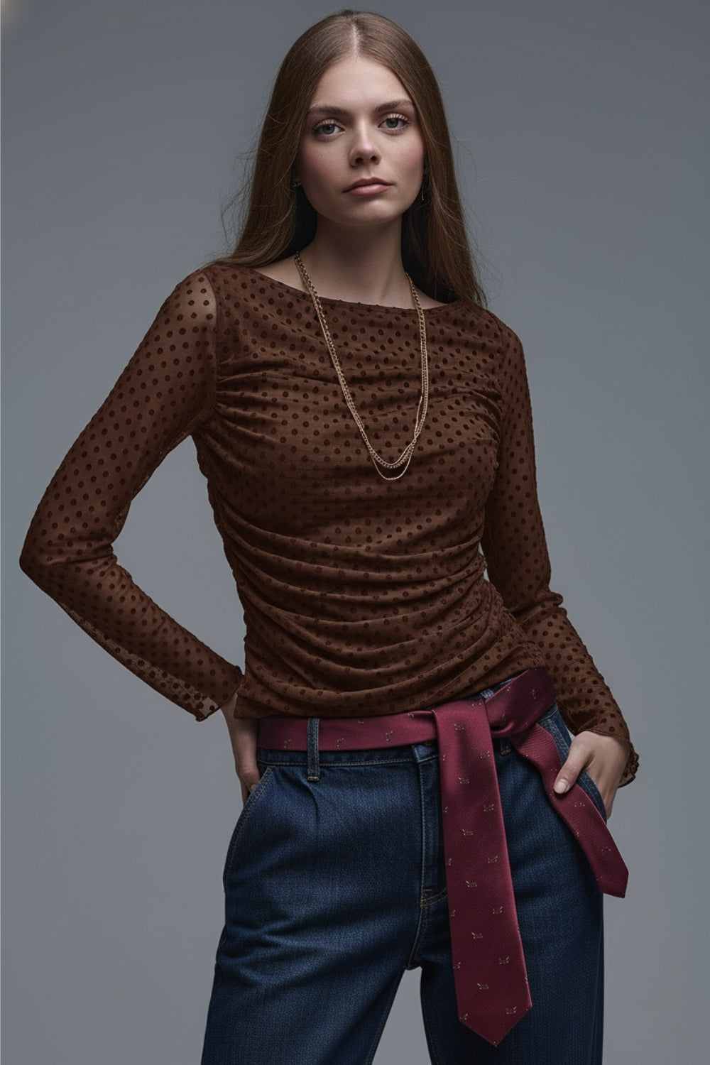 Brown Polka Dot Top in elastic sheer fabric - Tops