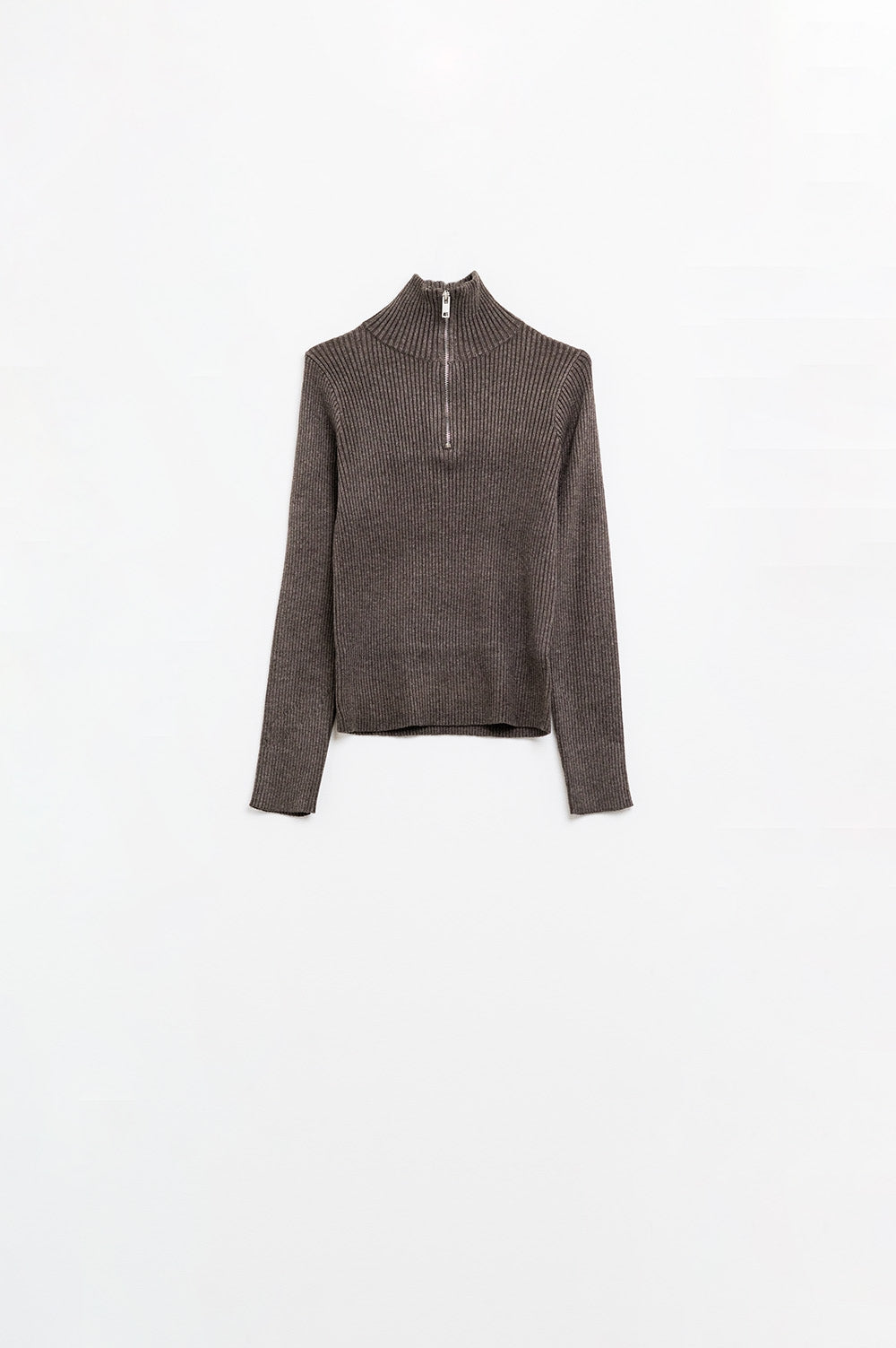Brown ribbed fitted sweater with zip closure - Jumpers