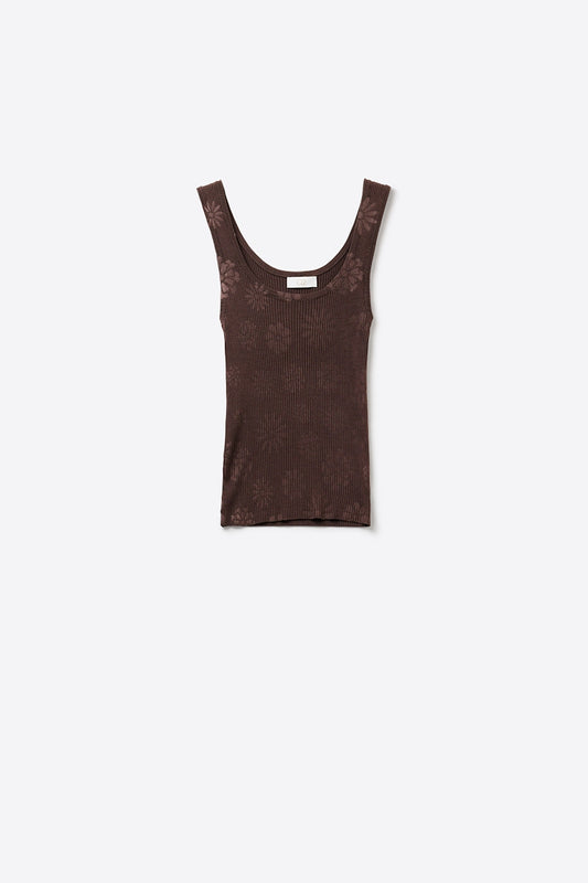 Brown Ribbed Knit Floral Scoop Neck Tank Top -