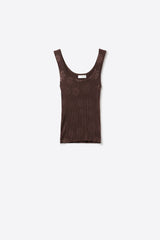 Brown Ribbed Knit Floral Scoop Neck Tank Top