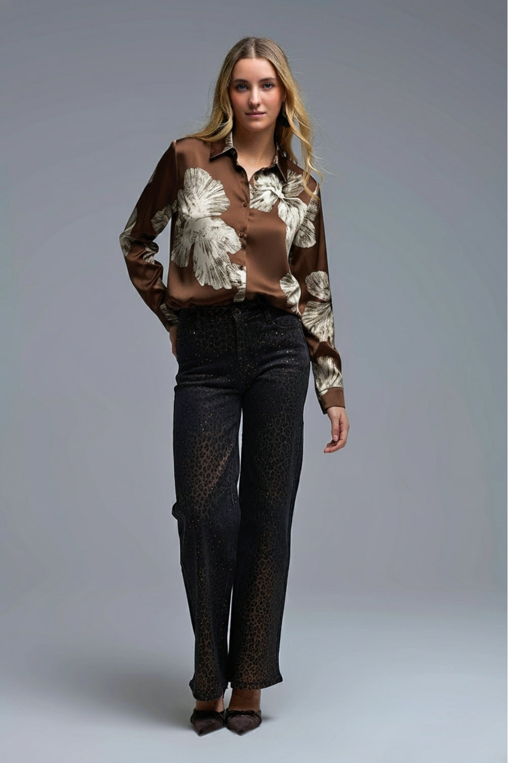 Brown Floral Button-Up Blouse in Satin fabric - Shirts