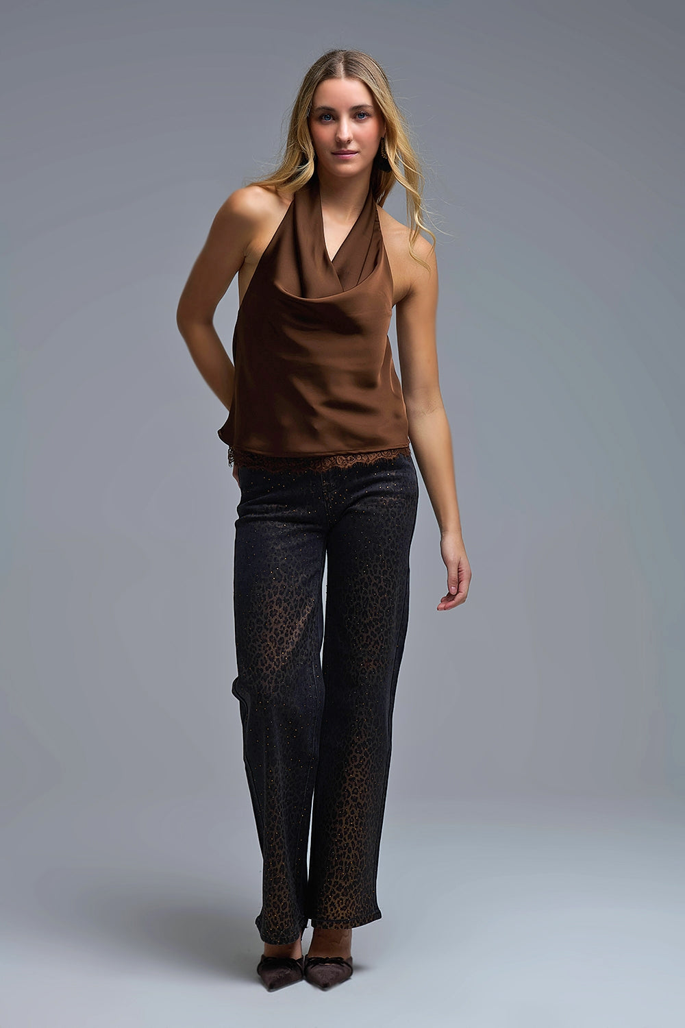 Brown Satin Halter Top with Draped Neckline - Tops