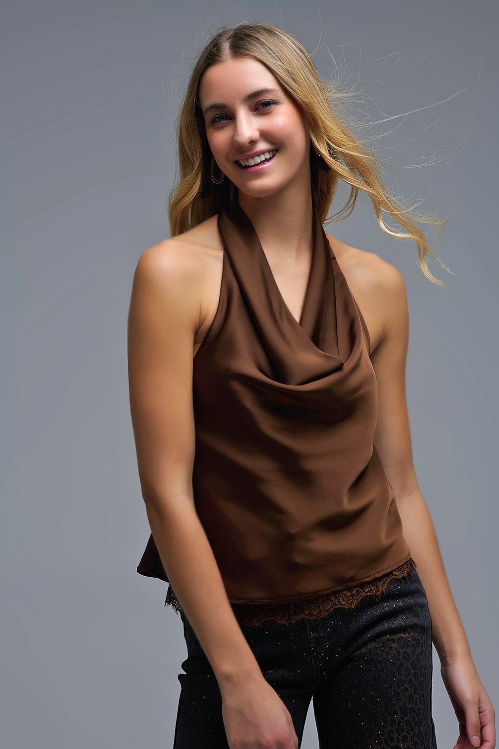 Brown Satin Halter Top with Draped Neckline - Tops