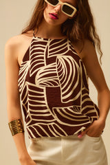 Brown Sleeveless Halter Top with White Leaf Print
