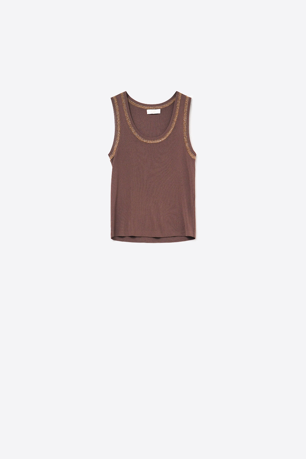 Brown Sleeveless Knit Top with Metallic Trim - Tops