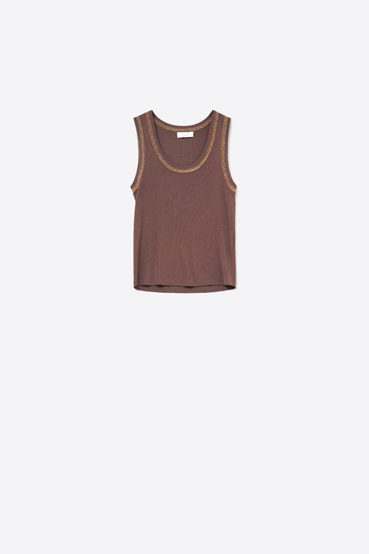 Brown Sleeveless Knit Top with Metallic Trim - Tops