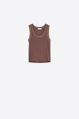 Brown Sleeveless Knit Top with Metallic Trim