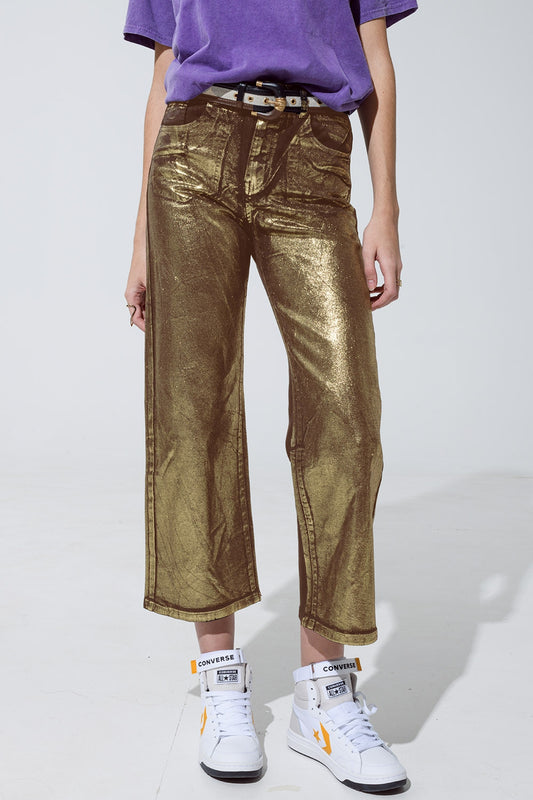 Brown straight leg jeans with gold metallic glow - Jeans
