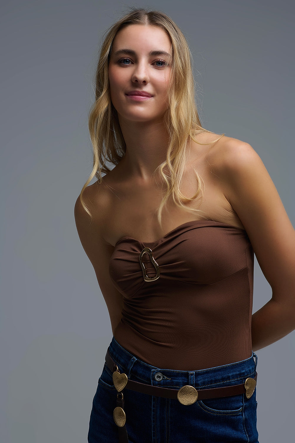 Brown Strapless Bodysuit with Gold metal Detail - Shirts