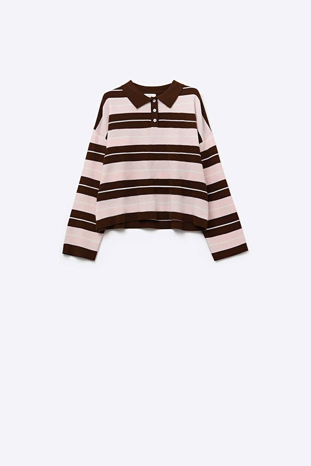 brown Striped Knit Polo Sweater with Buttoned Collar - Sweaters