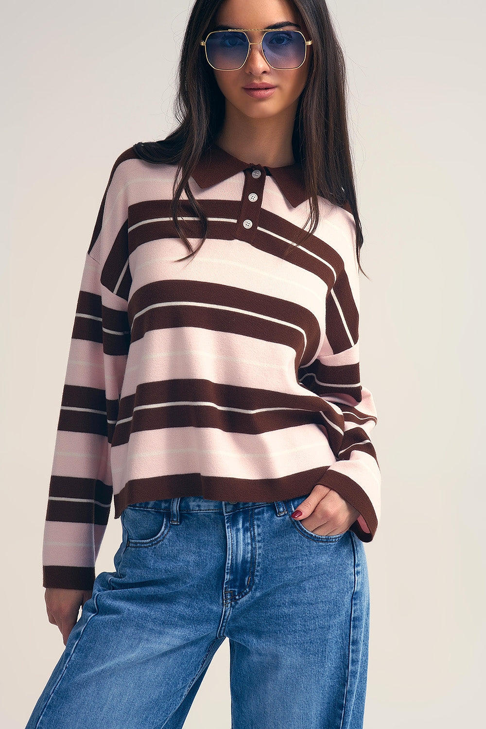 brown Striped Knit Polo Sweater with Buttoned Collar - Sweaters