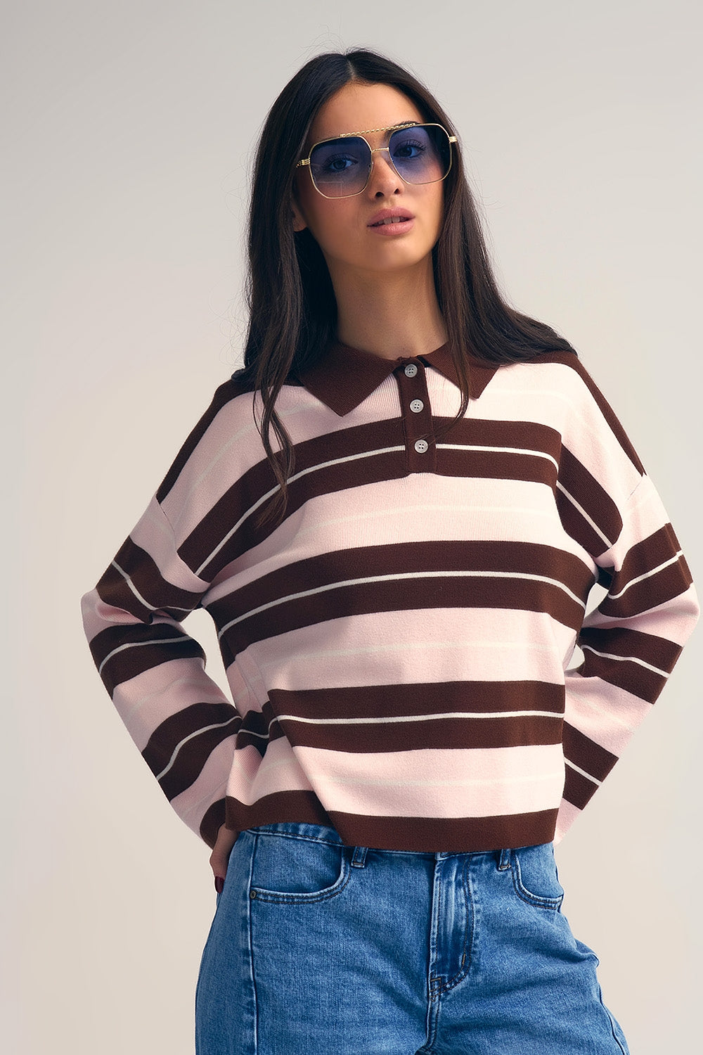 brown Striped Knit Polo Sweater with Buttoned Collar - Sweaters