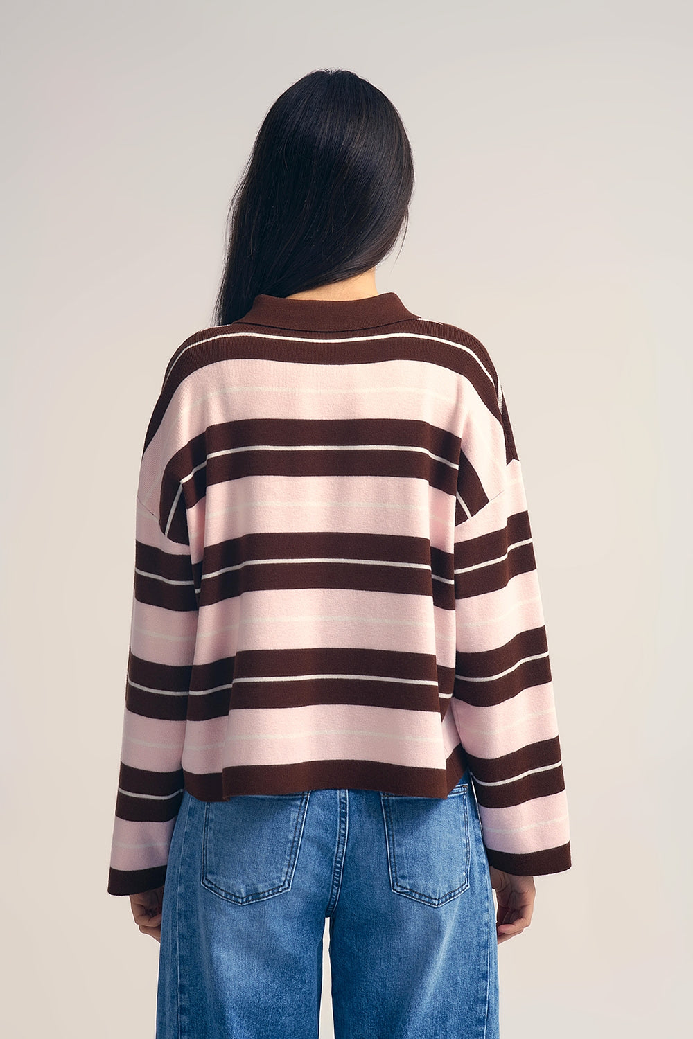 brown Striped Knit Polo Sweater with Buttoned Collar - Sweaters