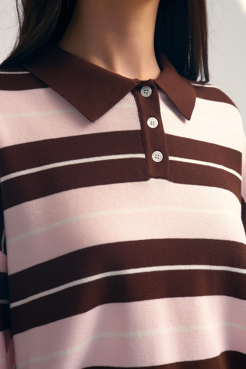 brown Striped Knit Polo Sweater with Buttoned Collar - Sweaters