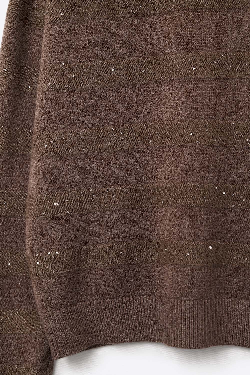 Brown Striped Knit Sweater with Sequin Detail - Sweaters