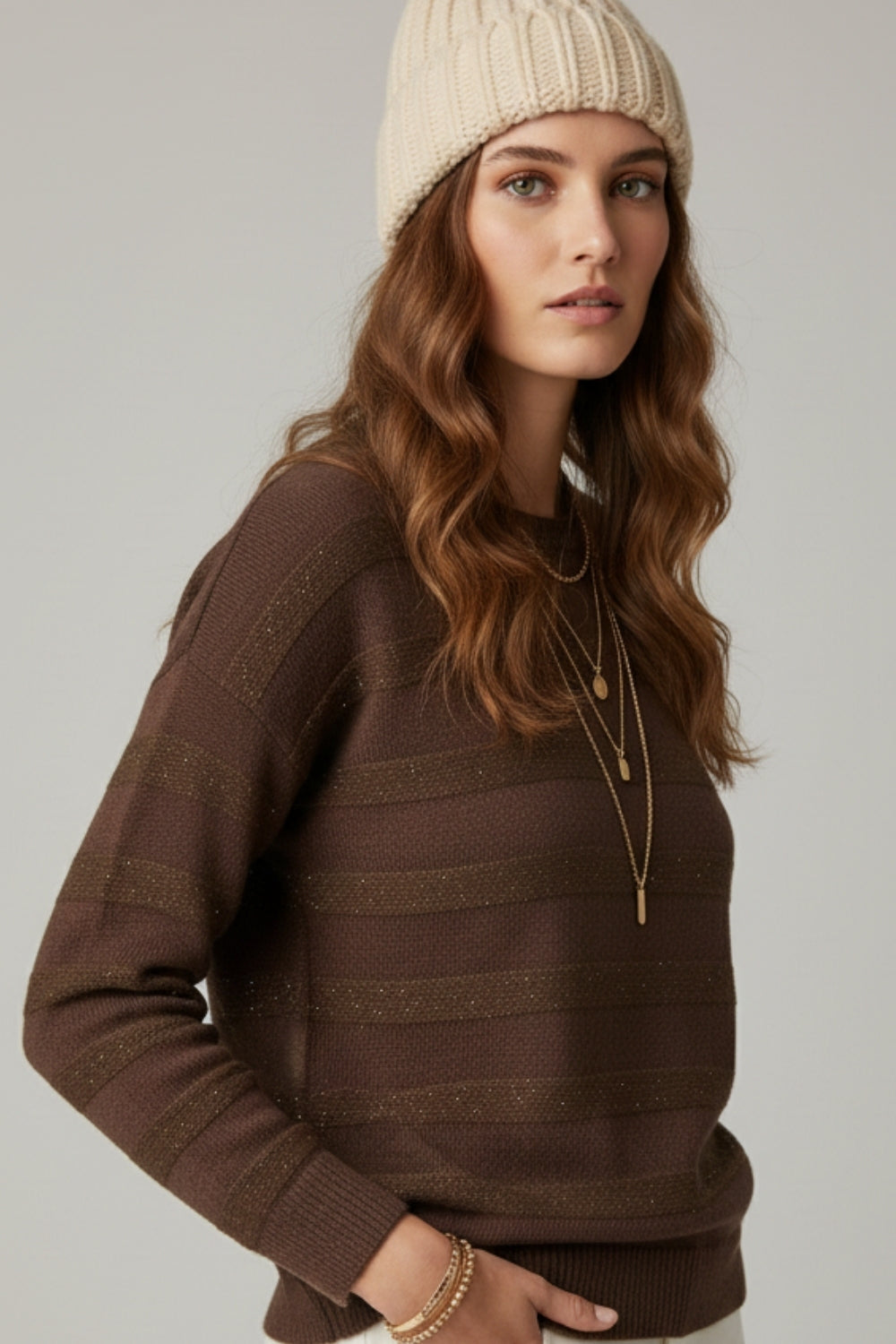 Brown Striped Knit Sweater with Sequin Detail - Sweaters