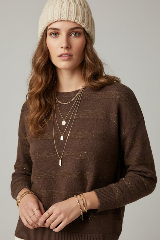Brown Striped Knit Sweater with Sequin Detail - Sweaters