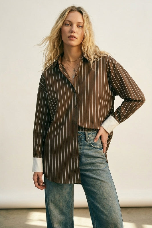 Brown Striped Long Sleeve Button-Up Shirt Dress - Shirts