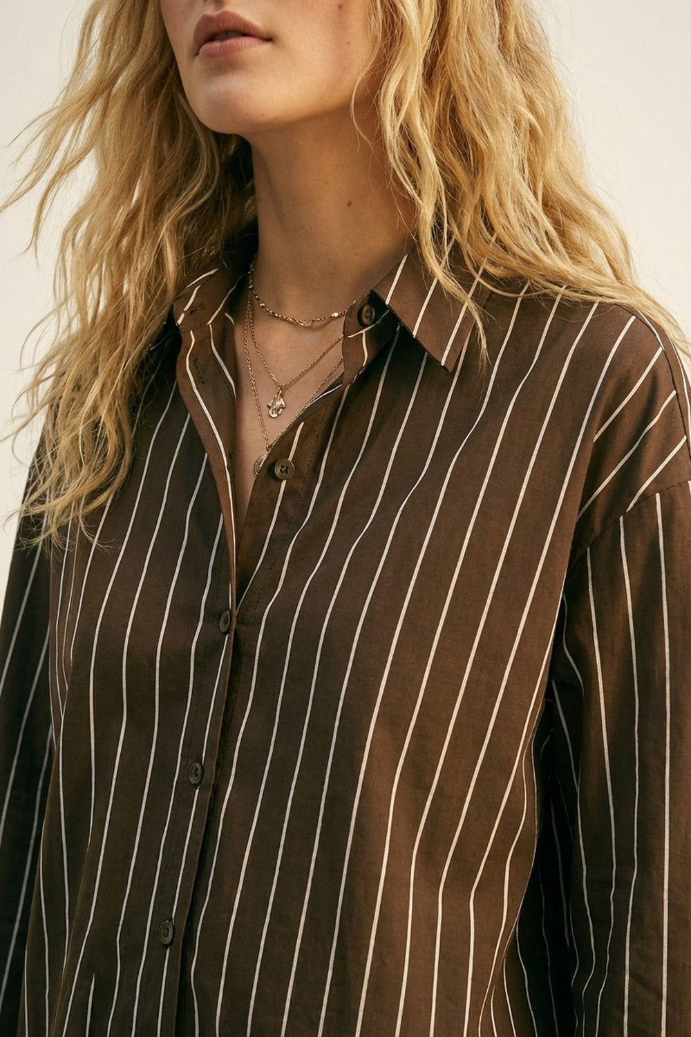 Brown Striped Long Sleeve Button-Up Shirt Dress - Shirts
