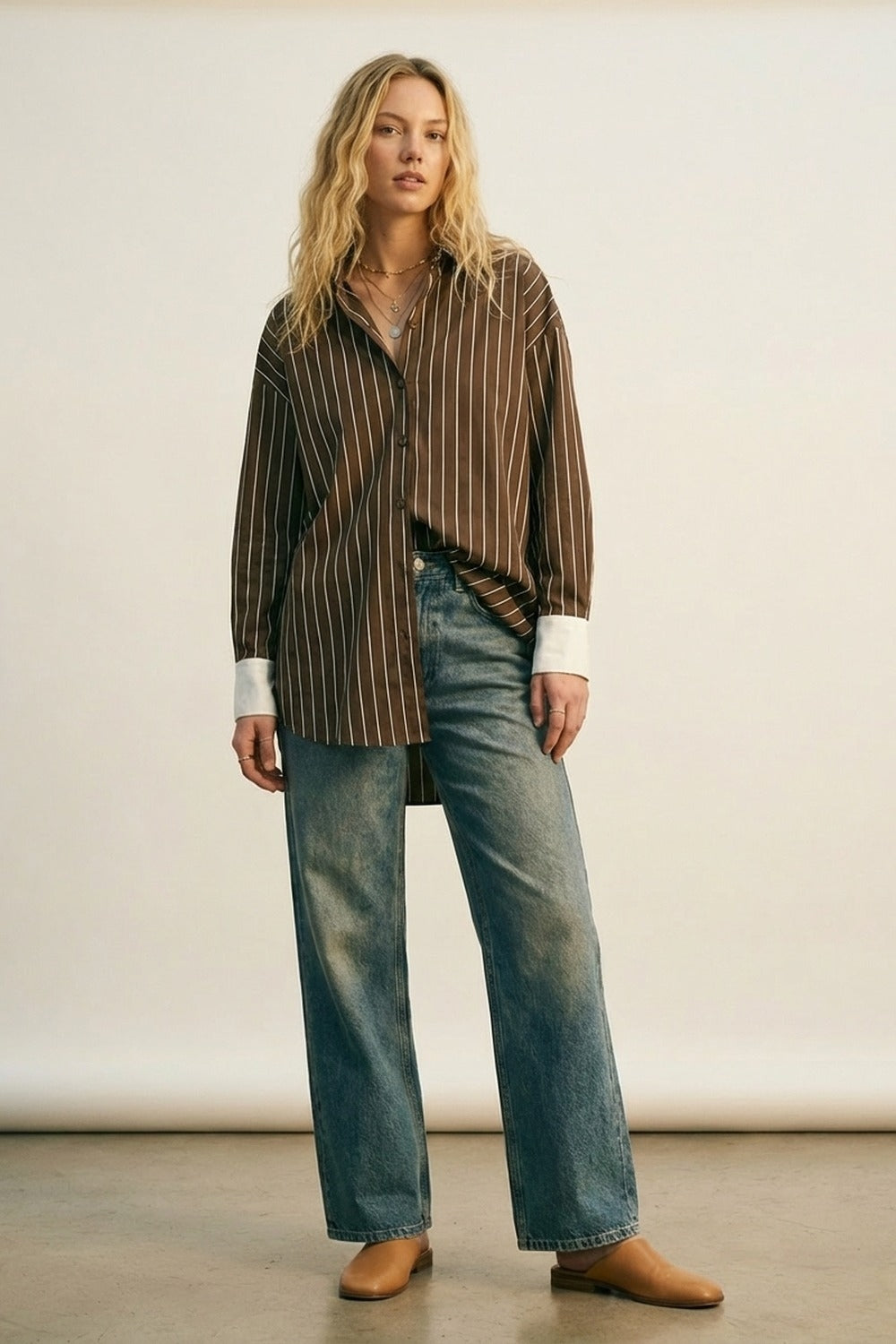 Brown Striped Long Sleeve Button-Up Shirt Dress - Shirts