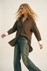 Brown Striped Long Sleeve Button-Up Shirt Dress