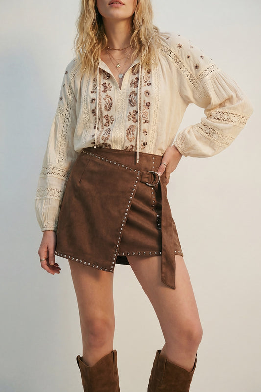 Brown Studded Wrap Mini Skirt with Belt Detail - Skirts