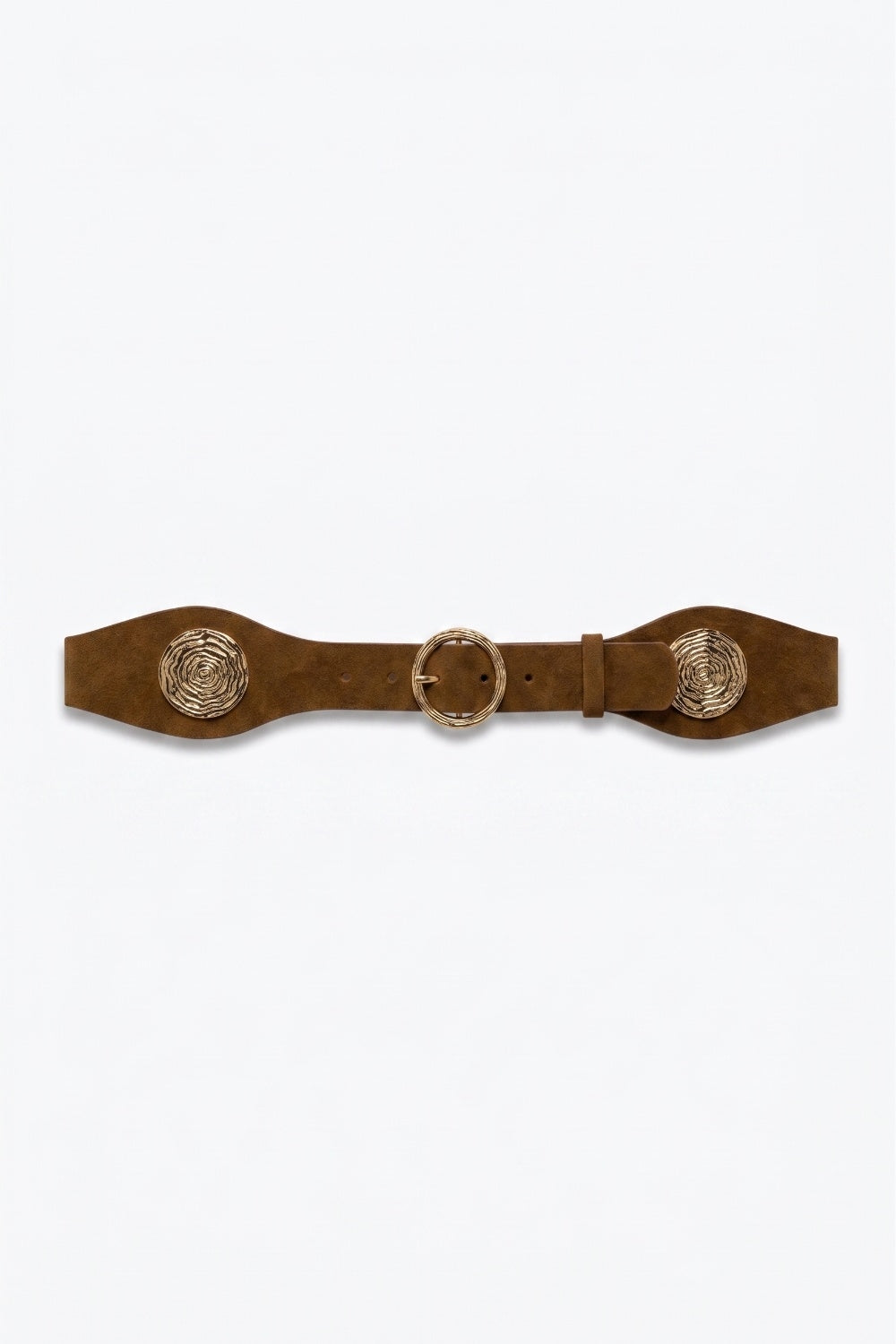 Q2 Brown Suede Gold Swirl Buckle Wide Waist Belt