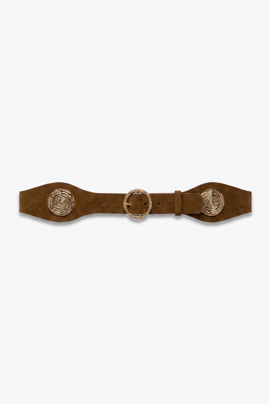 Brown Suede Gold Swirl Buckle Wide Waist Belt - Accesory