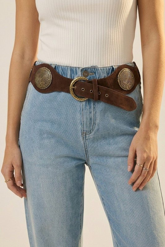 Brown Suede Gold Swirl Buckle Wide Waist Belt - Accesory