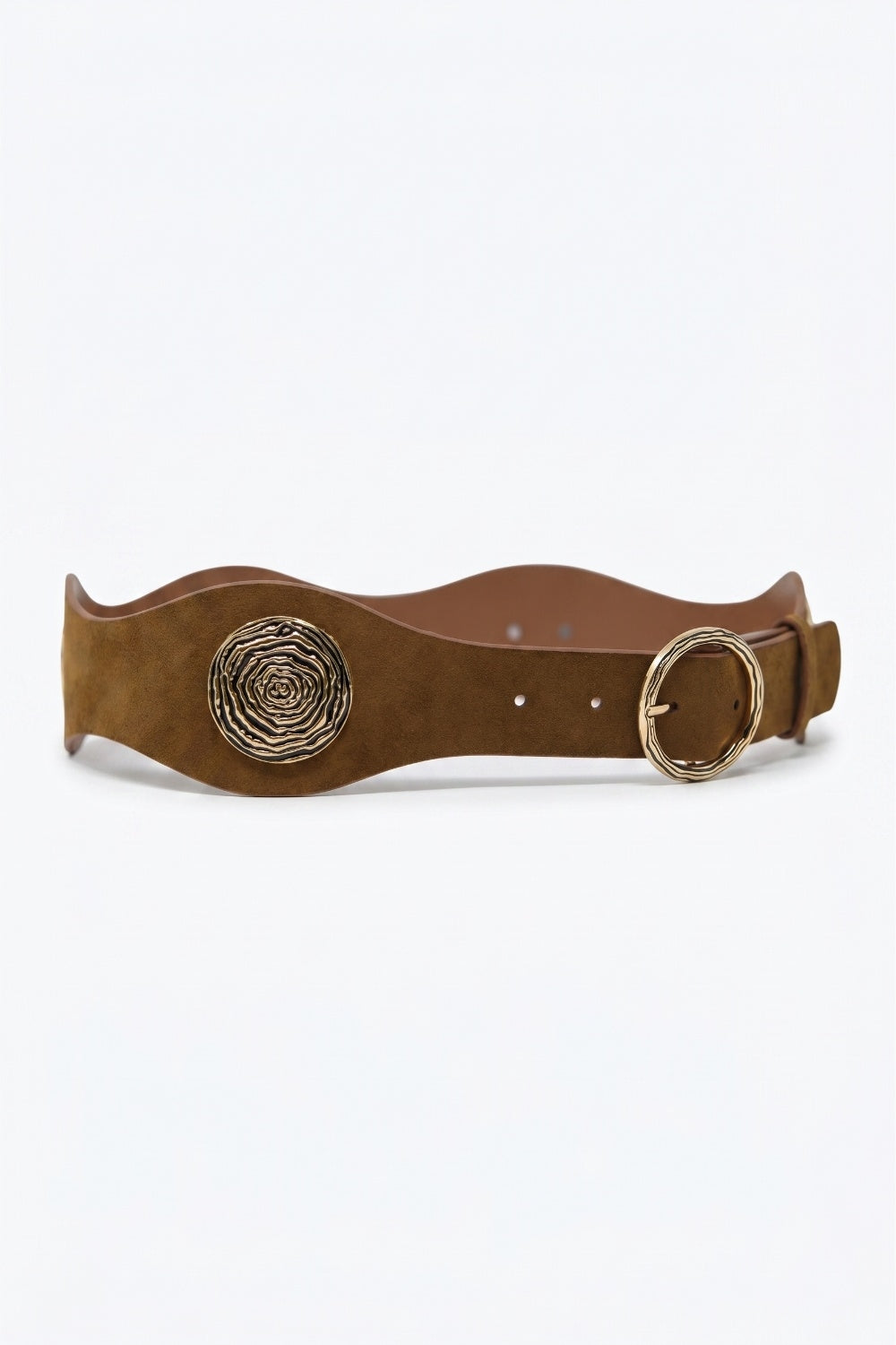 Brown Suede Gold Swirl Buckle Wide Waist Belt