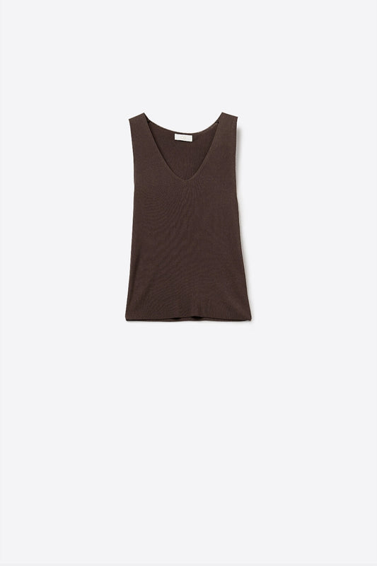 Brown V-Neck Ribbed Knit Tank Top - Tank Tops