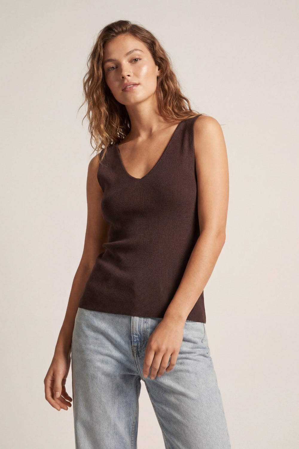 Brown V-Neck Ribbed Knit Tank Top - Tank Tops