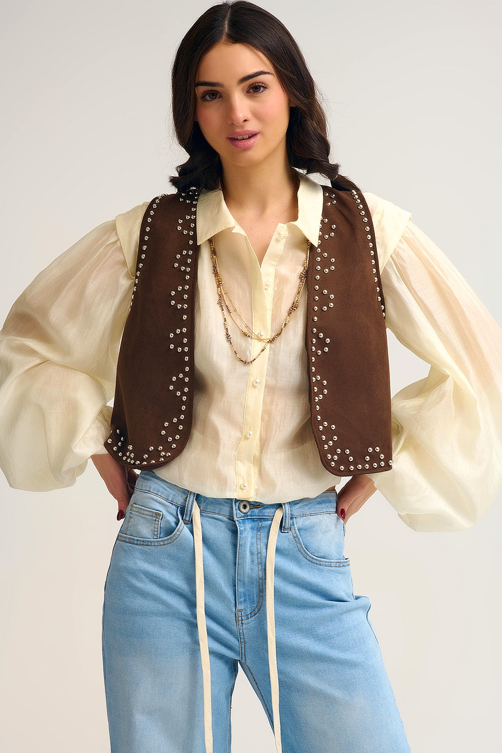 Brown Vest with Metallic Stud Details - Tops