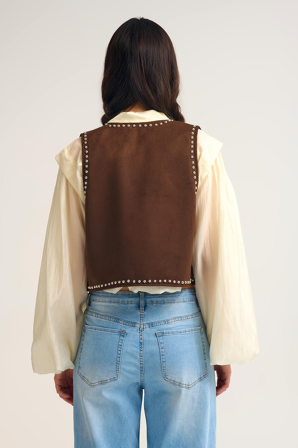 Brown Vest with Metallic Stud Details - Tops