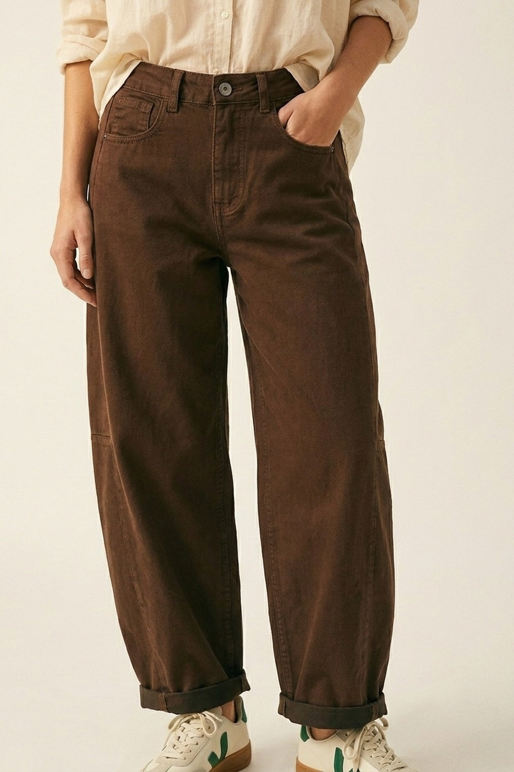 Brown Wide-Leg Barrel style Pants with Rolled Hems - Jeans