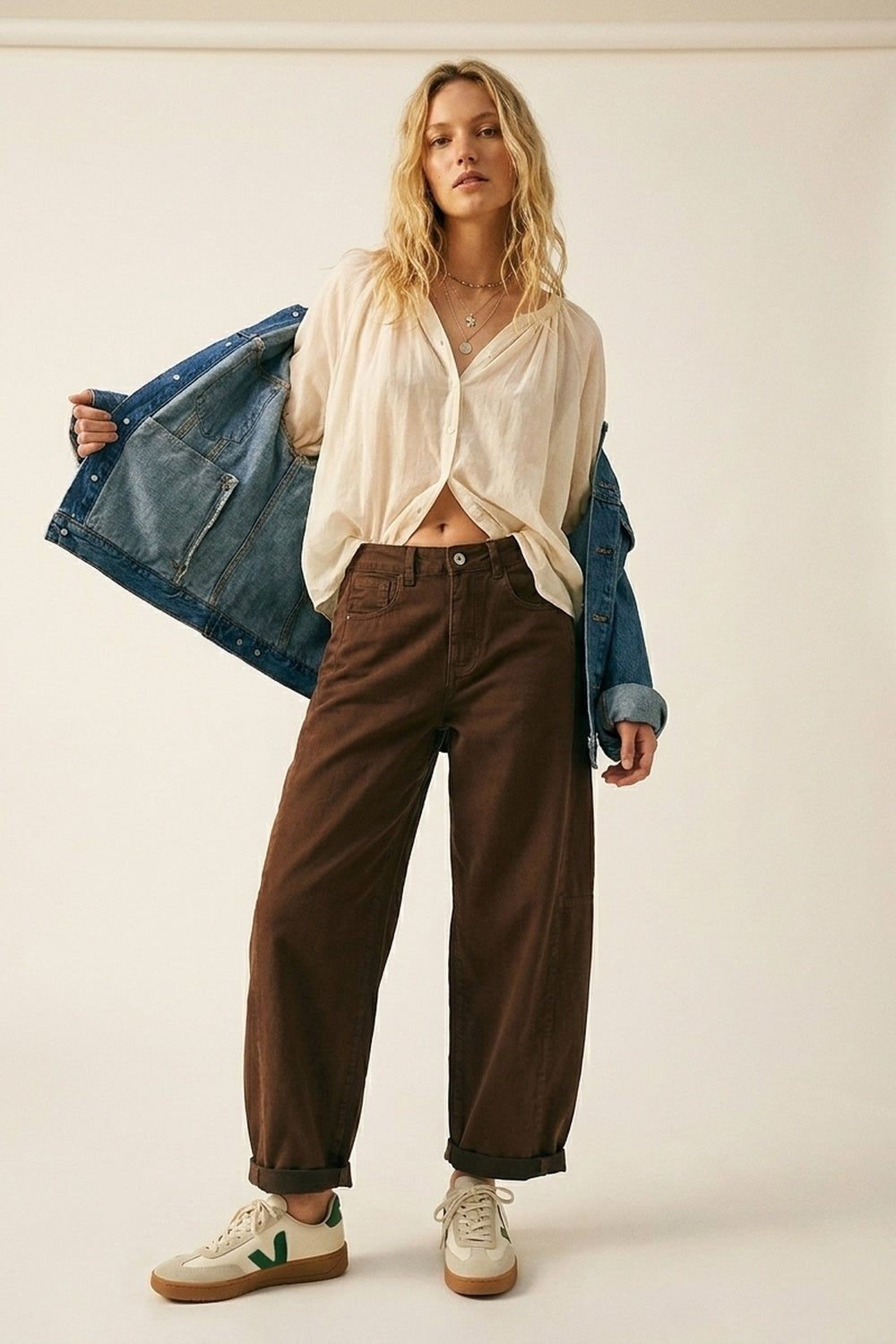 Brown Wide-Leg Barrel style Pants with Rolled Hems - Jeans