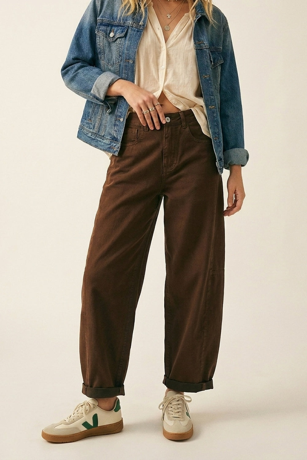 Brown Wide-Leg Barrel style Pants with Rolled Hems - Jeans