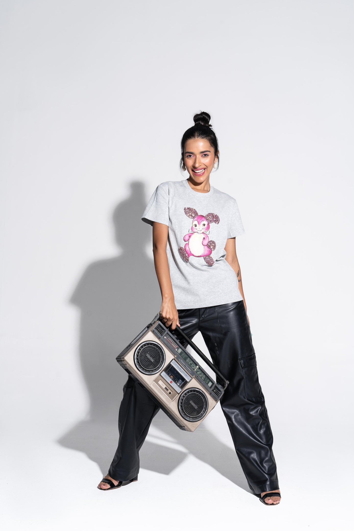 Bunny Graphic Embroidered Cotton T-Shirt Gray - T-Shirts