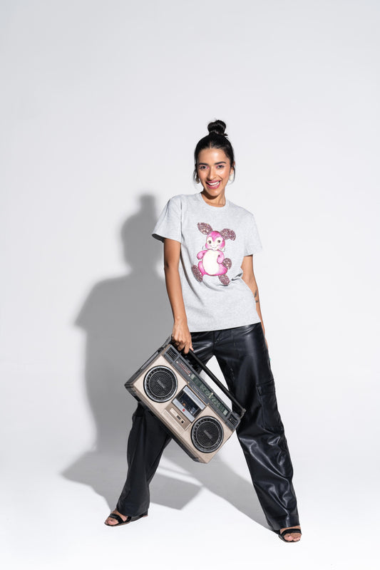 Bunny Graphic Embroidered Cotton T-Shirt Gray - T-Shirts