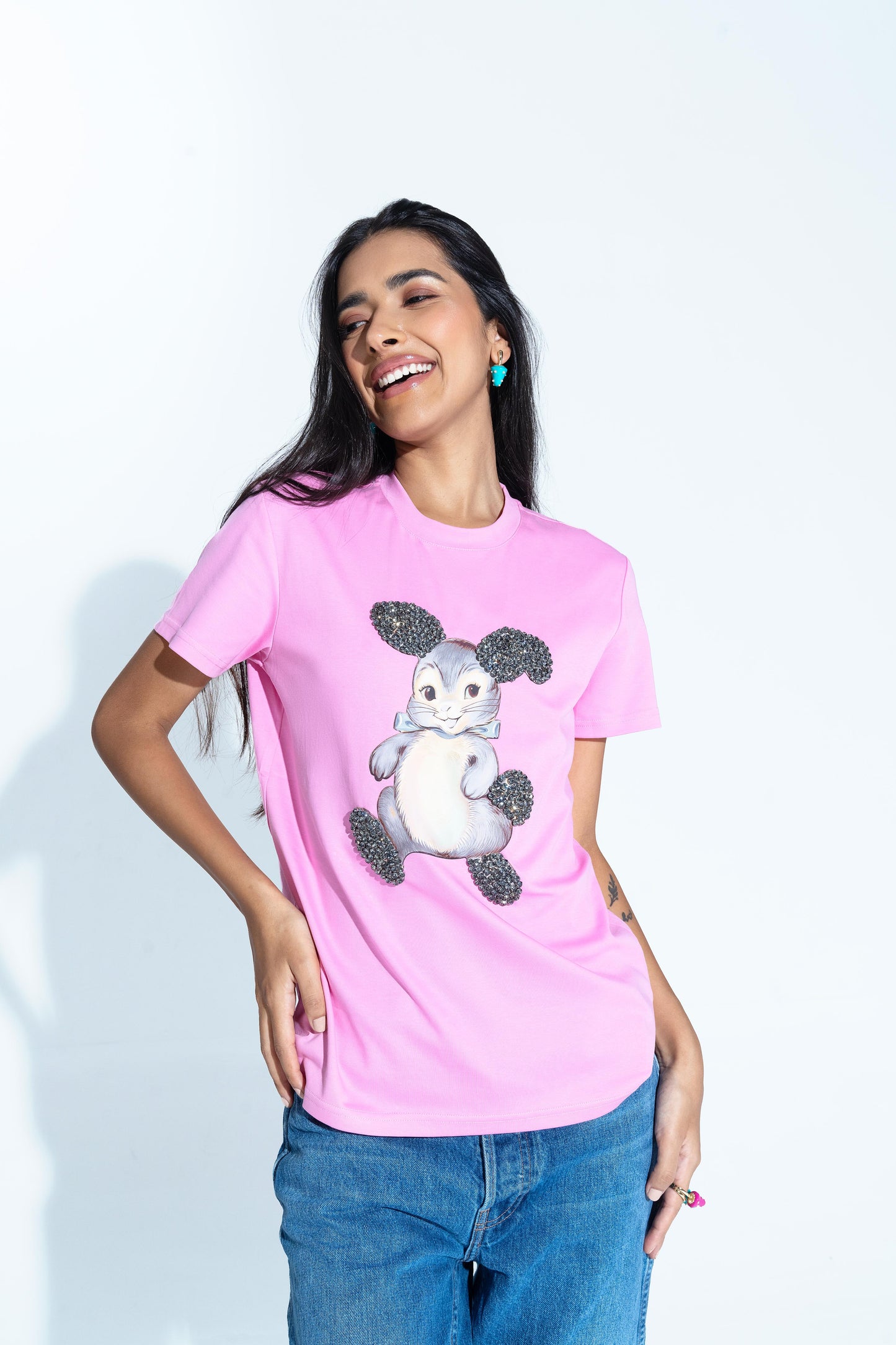 Bunny Graphic Embroidered Cotton T-Shirt Pink - T-Shirts