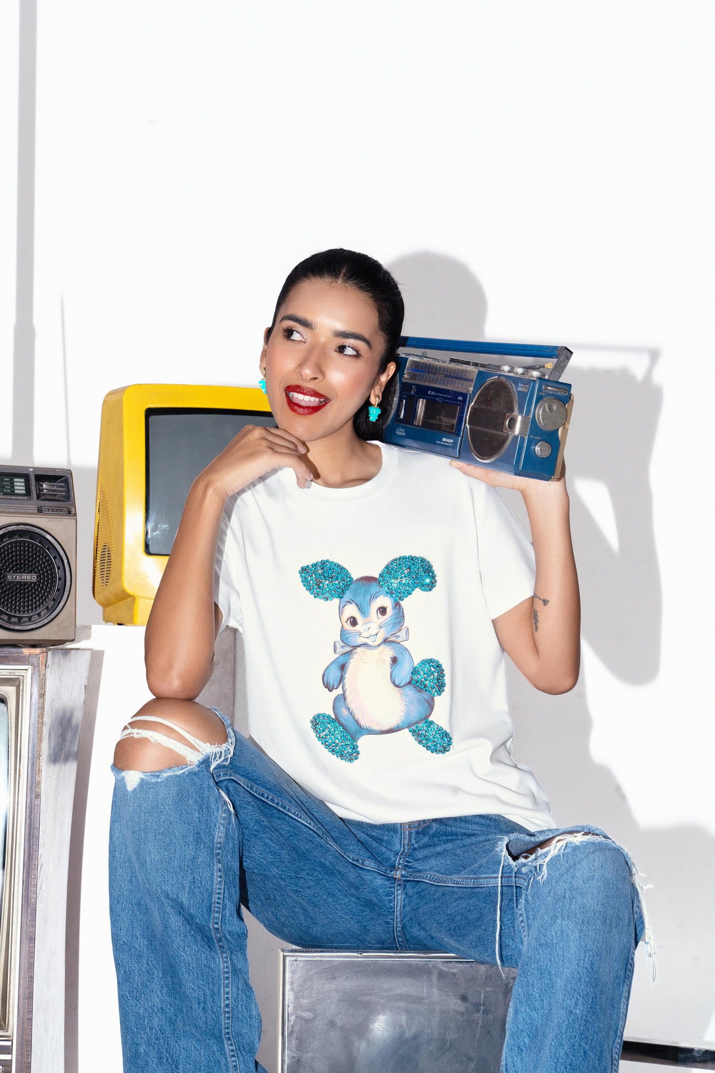 Bunny Graphic Embroidered Cotton T-Shirt - T-Shirts