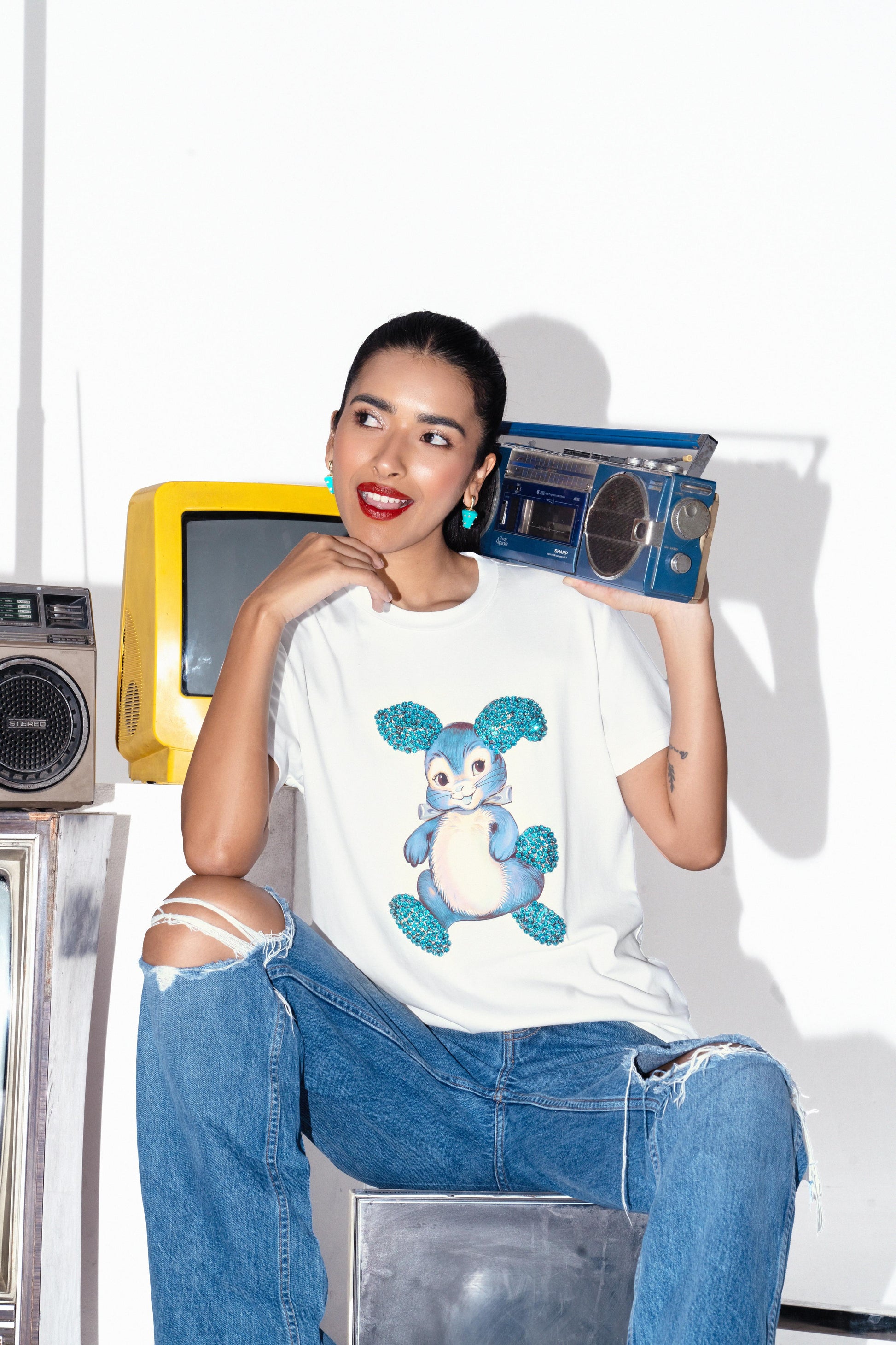 Bunny Graphic Embroidered Cotton T-Shirt - T-Shirts