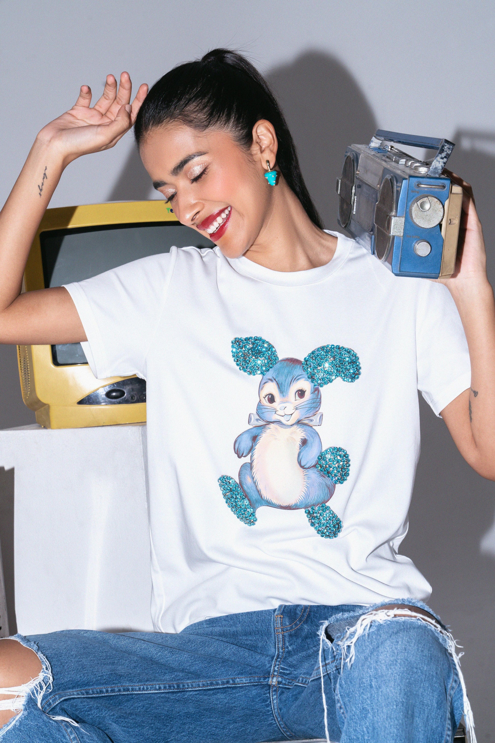 Bunny Graphic Embroidered Cotton T-Shirt White - T-Shirts